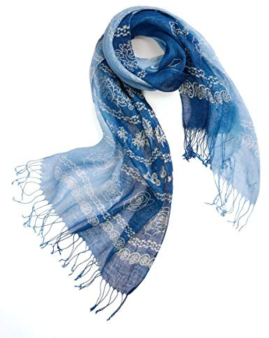 Prettystern tie-dye batik bleu dégradé 100% lin écharpe été longue femme écharpe T61 fleur de prunier