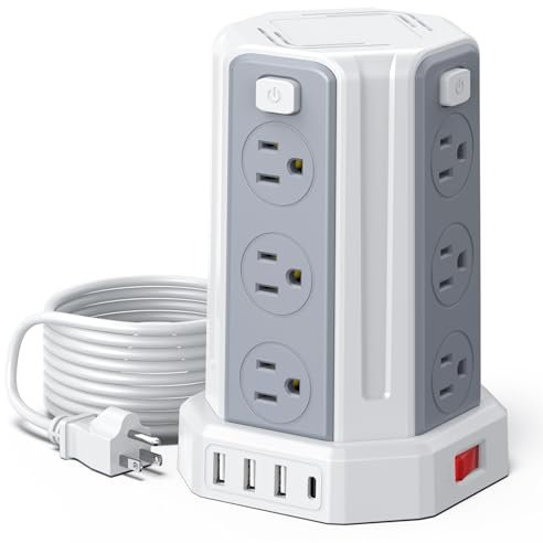 Power Strip Surge Protector, 10 Ft Extension Cord with 12 AC Multiple Outlets 4 USB (1 USB C), SMALLRT Power Tower Desktop Charging Station