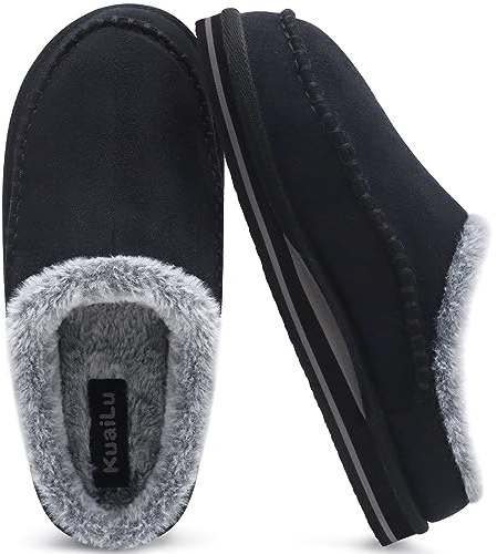 KuaiLu Zapatillas de soporte de arco para hombre Cómodo Interior Puntadas Hecho a mano MicrogamuzaZapatos de casa Ponerse Cálido Piel sintética Caucho Exterior Negro Tamaño 42