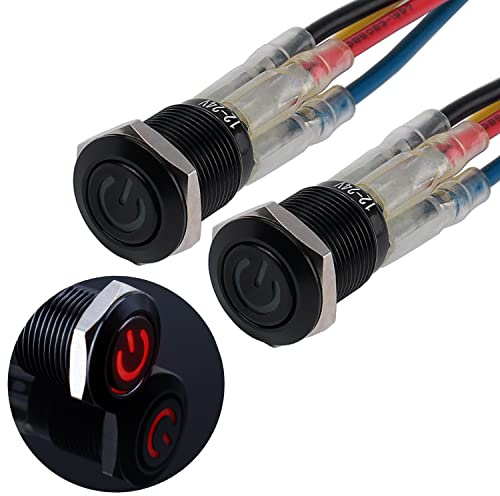 JIQI 2 × 12 mm Interruttore a pulsante momentaneo impermeabile da 12 V a 24 V 2 A IP66 con illuminazione a LED Pulsante momentaneo in metallo nero con cavi di collegamento (rosso)
