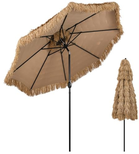 COSTWAY Sombrilla Terraza Exterior con Techo de Paja, Sombrilla Hawaiana con 8 Varillas, Botón para Inclinación, Parasol Exterior con Doble Respiradero para Playa Patio Piscina (300cm)