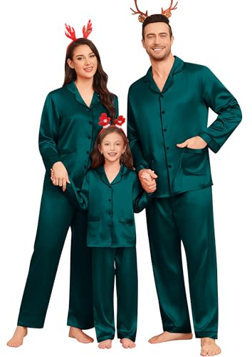 SWOMOG Familjeset med matchande pyjamas för kvinnor, män och barn, pyjamas i silkessatin, 2 delar, lång ärm, knäppning, nattkläder, 2 fickor, Mörkgrön, S