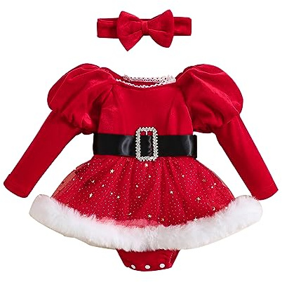 Geagodelia Déguisement Mère Noël Bébé Fille Barboteuse Robe de Noël + Bandeau Costume Tenue Père Noël Ensemble Hiver 2 Pcs Enfant Fille (Rouge Fourrure, 3-6 Mois)