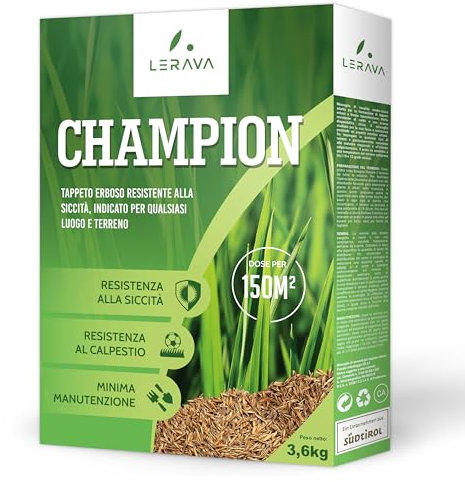 LERAVA CHAMPION Rasensamen [trockenresistent] – trittfest und strapazierfähiger Grassamen Rasen - resistente Nachsaat Herbst - schnellkeimender Rasensamen Turbo - schnellwachsender Rasensamen - 150m²