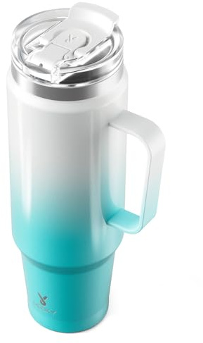 Meoky 40 oz tumlare med handtag, rostfritt stål resemugg med 2-i-1 sugrör och sipplock, vakuumisolerad kaffemugg, 100 % läckagesäker, håller kylan i 34 timmar eller varm i 10 timmar (Azure)