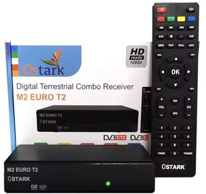 Ostark M2 Euro T2 DVB T2/C Receptor Terrestre Cable TDT TDT2 FTA DVB-T2 DVB-C, H.265 HEVC Full HD PVR, Un USB, Dual LNB, SCART, HDMI Coaxial