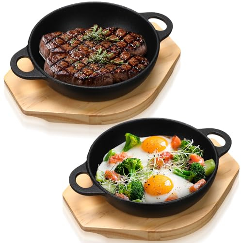 Jingmore 2 Sets 6.1 Inch Cast Iron Skillet with Wooden Base Dual Handle