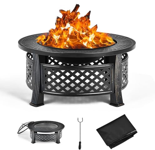 KOMFOTTEU Braciere da esterno con coperchio di sicurezza, Braciere da barbecue 3 in 1 con copertura impermeabile, per giardino, campeggio, picnic, φ81 x 50 cm (H), nero