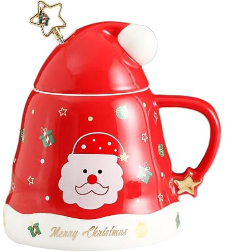 VollfitYYu Weihnachtsmotiv Kaffeetasse mit Rührstab und Deckel Süße Weihnachtstasse 450ml Weihnachtsbecher Weihnachtsdeko Weihnachten Neujahr Geschenk für Frauen Männer Mädchen (Rot)