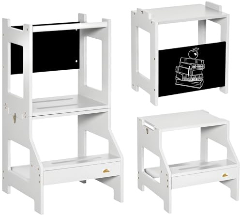 HOMCOM Torre de Aprendizaje 2 en 1 Taburete de Aprendizaje para Niños de +3 Años Convertible en Escritorio con Pizarra y Barra de Seguridad 42x44x86 cm Gris