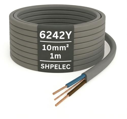 SHPELEC® Twin & Earth 10mm Cable – 6242Y – Grey PVC Sheathed Electrical Cable – 10mm² Twin & Earth Wiring for Domestic Installations, Consumer Units & High-Load Circuits – BASEC Approved – 1m