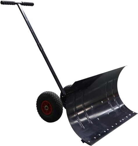Snöplog snöborttagningsspade, snöspade med hjul kraftig rullande snöpusher med justerbart handtag och tryckplatta, halkfria hjul, rullande snöplog för snöborttagning, snörem för väg snö