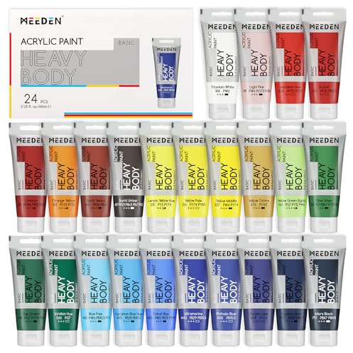 MEEDEN Heavy Body Acrylic Paint - Basic 24 x 60ml (2 oz) Color Paint Set for Adults - Rich Pigment Art Craft Paints for Canvas Rock Wood