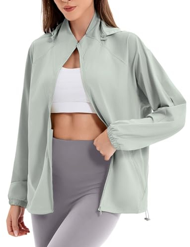 Kamotour Women's UPF 50+ Sun Protection Jacket Cooling Sun Shirt Lightweight High-Stretch Breathable Athletic Hoodie with Zipper Pockets Outdoor Hiking Running Travel (Light Green, Large)
