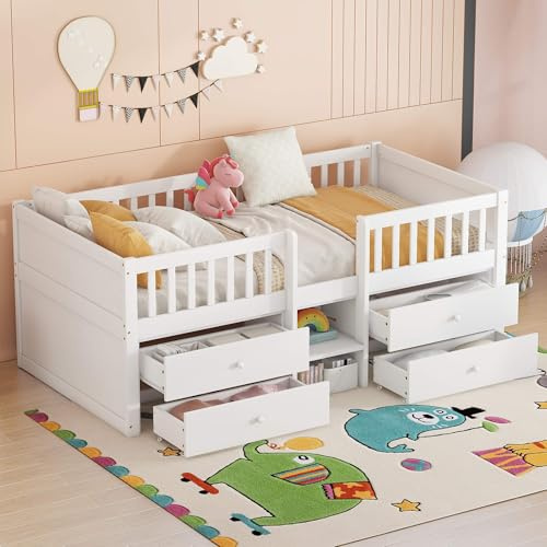 HYUB Cama infantil de 90 x 200 cm con 4 cajones y protección anticaídas, cama de madera con somier y espacio de almacenamiento, cama para habitación infantil, estructura de madera de pino, color