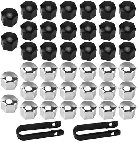 txuzong 40 Pièces Cache-Écrou 17mm Hexagone - Capuchons d'Écrou de Roue Universels pour Voitures (Noir/Argent) - Inclus 2 Extracteurs Anti-Vol + Outil de Retrait