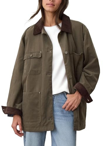 GTLIAE Barn Jackets for Women 2025 Fall Oversized Utility Cotton Coat Corduroy Collar Vintage Workwear with Pockets(Olive-L)