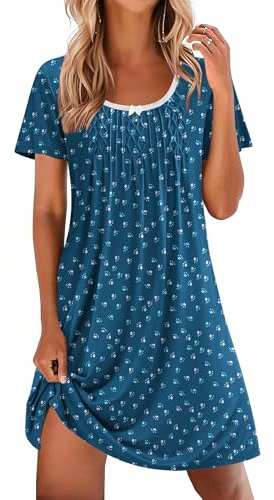 Ekouaer Camicia da Notte Donna Estiva con Inserti Pizzo e Stampa Floreale Pigiama Maniche Corte con vestibilità Rilassata Blu L