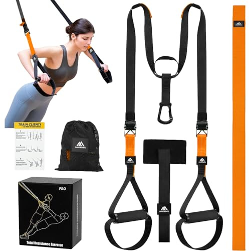 flintronic Juego de Entrenamiento en Suspensión, Correas de Entrenamiento en Suspensión con Asas y Guía de Entrenamiento, para Entrenamiento en Casa y Entrenamiento de Fuerza (Naranja Negro)