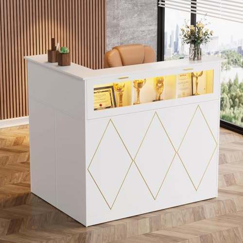MSFE Comptoir de Réception avec LED, Moderner Comptoir Caisse Comptoirs Accueil avec Tiroir et Armoire et étagère D'exposition Comptoirs Caisse Salon de Coiffure,Bureau,Boutique, 126x93x111cm (Blanc)