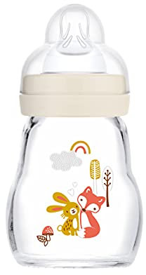 MAM Feel Good Babyflasche aus Glas (170 ml), Milchflasche mit weiter Öffnung, stabile Baby Trinkflasche mit Sauger Gr. 1, ab der Geburt, Hase/Fuchs