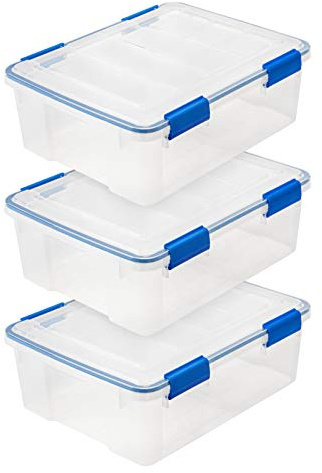 IRIS USA WeatherPro 27 Qt Storage Bins with Lids, 3 Pack, BPA-Free Plastic Gasket Box with Tight Latch and Seal, Stackable Nestable Tote Tub - Clear/Blue