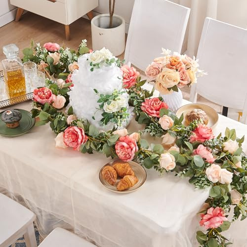 PONKING Flower Garland Artificial Rose Vine Flowers Hanging Fake Roses Vines for Wedding Birthday Party Valentines Christmas Room Wall Arch Decor, 2 Off White & 1 Dark Pink Floral Garland Decorations