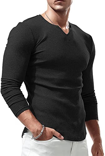 Lehmanlin Camiseta Deportiva de Manga Larga para Hombre, Cuello en V Elástico, Ajuste Musculoso, Ropa Interior Casual, Camisa Térmica de Manga Larga para Hombre de Peso Ligero