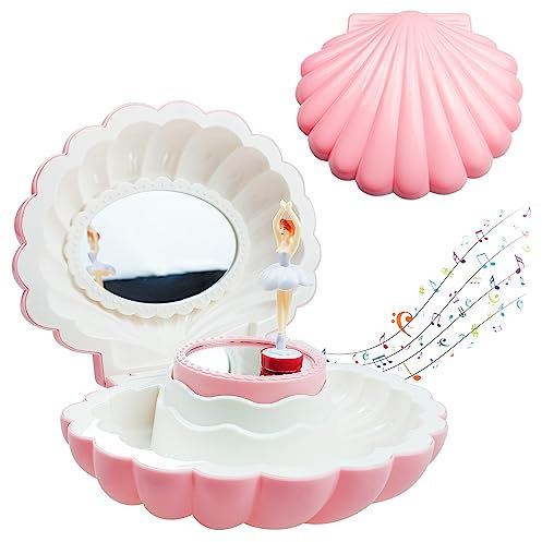 Bakiauli Music Box with Mirror, Shell Music Box with Melody Birthday Gifts, Musical Jewellery Box
