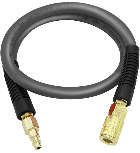 YOTOO Hybrid Lead-in Air Hose 3/8-Inch by 3-Feet 300 PSI Heavy Duty, Lightweight, Kink Resistant, All-Weather Flexibility with Bend Restrictors, 1/4 Industrial Quick Coupler and Plug, Gray