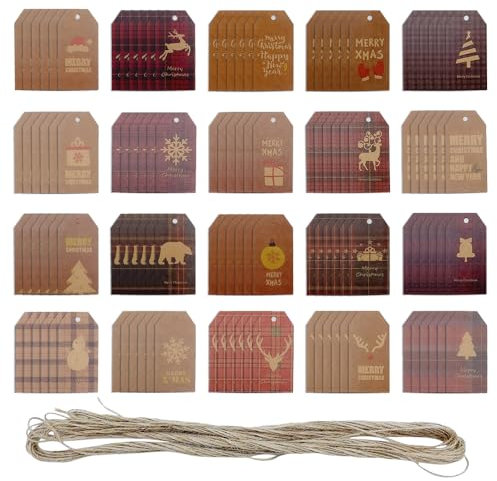ONEBO 120 Stück Geschenkanhänger Weihnachten,Weihnachten Kraftpapier Etiketten,mit 18 Meter Jute Schnur, Weihnachtens Etiketten für Geschenke Verpackung Decor