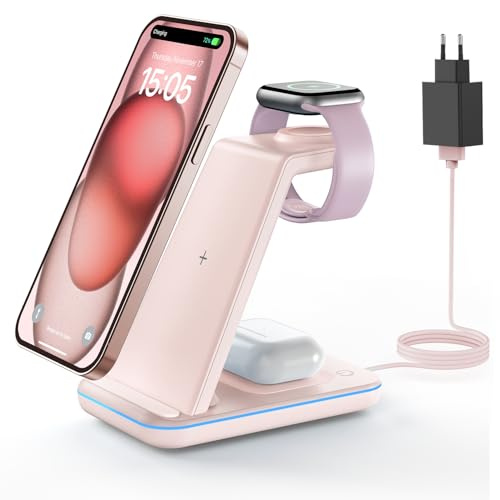 GEEKERA Wireless Charger, 3 in 1 Induktive Ladestation für iPhone Air/17/16/15/14/13/12/11/Pro Max, Ladestation für Apple Watch Ultra 3-1/11-2/SE, Kabelloses Ladegerät für AirPods Pro 3-2/4-2, Rosa