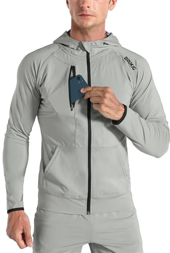 BROKIG Dualzip Sweat à Capuche Sport Homme,Léger Zippé Hoodie Running Survetement Veste Sweatshirt pour Homme(Gris Clair,L)