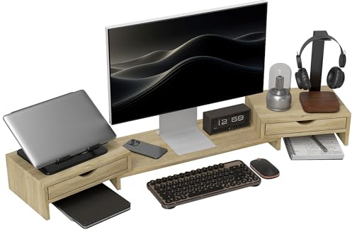 HOMCOM Rehausseur écran PC bureau support d'écran d'ordinateur de 60-116 cm support moniteur avec 2 tiroirs, longueur et angle réglables, pour ordinateur portable, PC, chêne