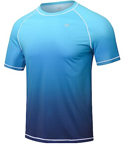 Huayuzh Herren Rashguard T-Shirt Schwimm Shirt Schnelltrocknend Leicht Atmungsaktiv Surfen Angeln Wandern Shortsleeve Top Verlaufsfarbe Blau S