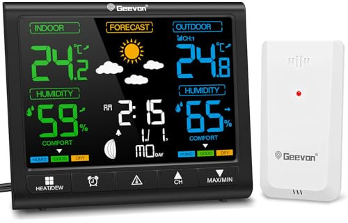 Geevon Weather Stations with Outdoor Sensor Wireless, Indoor Outdoor Thermometer with Comfort Indicator, HD Color Display Digital Alarm Clock, Adjustable Backlight (246250 without battery)