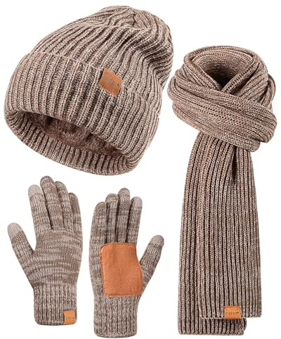 FISFET Winter Hat Gloves Scarf Set for Men Women, Mens Beanie with Fleece Lined Long Thick Scarf Touchscreen Gloves for Cold Weather, 3 in 1 Warm Gift Set(Mix-Khaki)