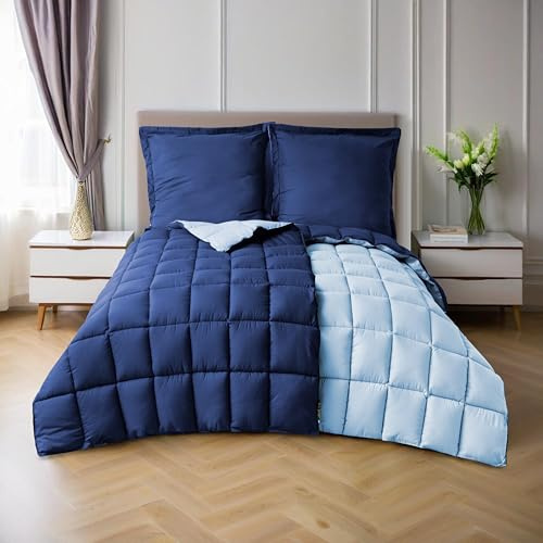 HIG Bettdecken-Set 4-teilig mit 2X Steppdecke 135x200 cm und 2X Kissenbezügen 80x80 cm – Oeko-TEX zertifizierte, kastenförmig genähte Daunenalternative in marineblaue, mit 1300g Füllung (250 GSM)