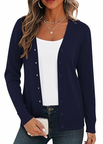 BEIGAI Cardigan leggero da donna a maniche lunghe con scollo a V Vintage Classico Cardigan con bottone, Blu mare, S