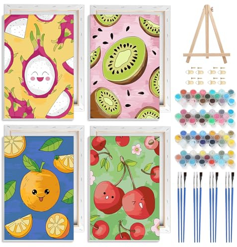 NAIMOER 4 Pack Framed Paint by Numbers Fruit for Adults Kids, DIY Lemon Strawberry Paint by Numbers for Boys Girls, Art on Canvas Gifts Home Wall Decor 8x12in