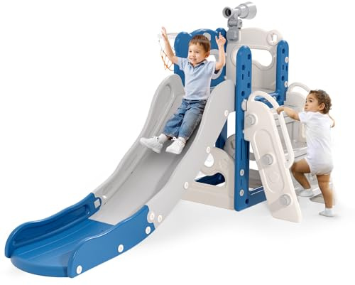 Tobogán para niños con aro de Baloncesto, tobogán temático de Alce, Parque Infantil Interior y Exterior, Kit de Juego de Escalada Independiente con tobogán para bebés (Azul Gris-5 en 1)