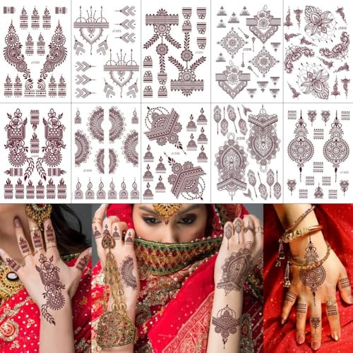 PPVWEY 10 Sheets Temporary Tattoos, Brown Tattoos Stickers for Women, Waterproof Flower Fake Tattoos for Girls Arms Back Shoulder Wedding Party Eid