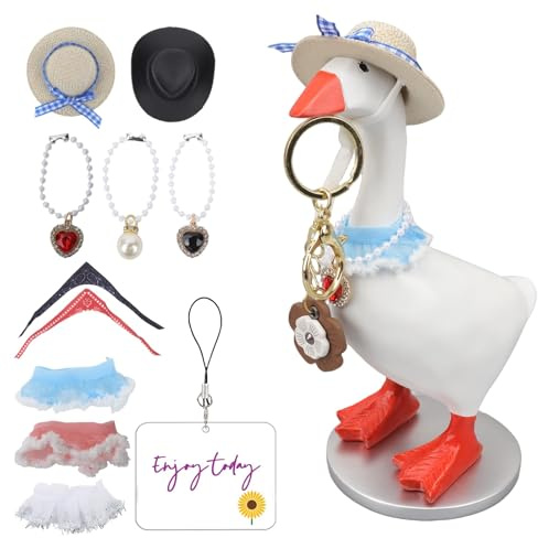 Desk Mini Goose Key Holder 7 inch with 4 set Outfits, Desktop Magnetic small Proch Goose Resin Statue, Cute Figurines Keychain Hanging, Table Decor for Home house Office Bedroom, Housewarming Gifts