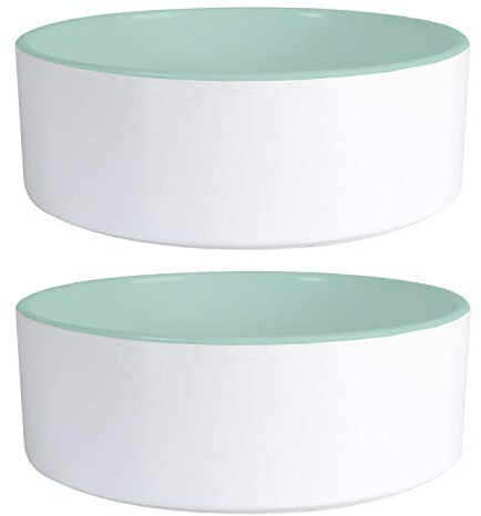 Petology® Chunky White/Green Ceramic Dog Bowls 1.2L - Great Value Twin Pack Set - 7.5cm (H) x 17.5cm (Dia) - Great For Food or Water.