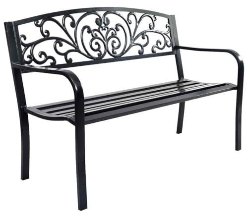 RELAX4LIFE Panchina da Esterno a 2-3 Posti, Panca da Giardino a Doghe in Metallo con Schienale Intagliato a Farfalla e Braccioli Curvati, Panca per Cortile/Parco, Max 280 kg, 127x63x87cm (Modello 7)