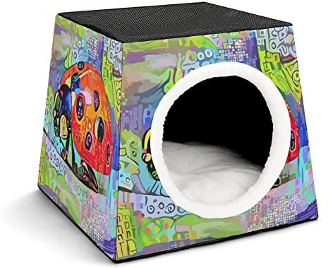 Three-Purpose Cat House Cat Bed Cat Sofa Foldable Cat Shelter Scratching Toy with Removable Cushion Ladybug Multicolored