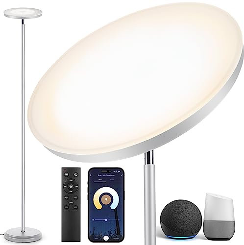 OUTON Smart LED Stehlampe 30W 3000LM, WiFi Dimmbar Standleuchte Kompatibel mit Alexa & Google Assistant, App-Steuerung, Fernbedienung, Deckenfluter für Wohnzimmer Schlafzimmer Büro, Silber Grau