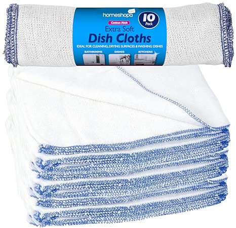 HOMESHOPA Cotton Dish Cloths, 10 Pack White Soft Super Absorbent Home Kitchen Cleaning Scrubbing Washing Up Dishcloths, Washable & Reusable Tea Towels for Cleaning, Drying Surfaces, Washing Dishes