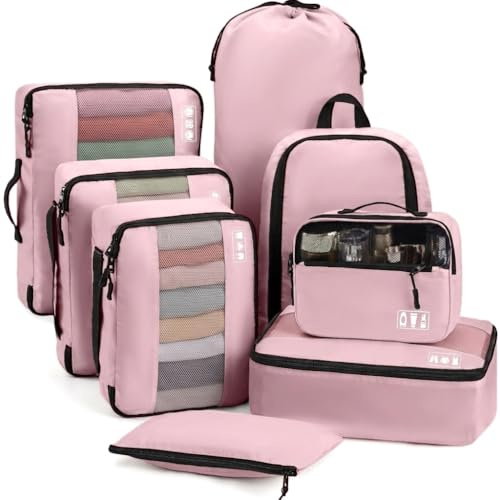 Murise Packkuber, 8 stycken, reseorganiserare för semester och resor, väskinsatser för resväskor, med skoväska, sminkväska, organisationssystem, rosa