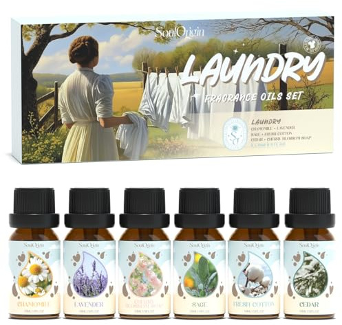 SoulOrigin Laundry Essential Oils Set, Fragrance Oil Set for Oil Diffusers for Home, Scented Oils for Soap Candle Making 6x10ml - Chamomile, Fresh Cotton, Sage, Cedar, Lavender